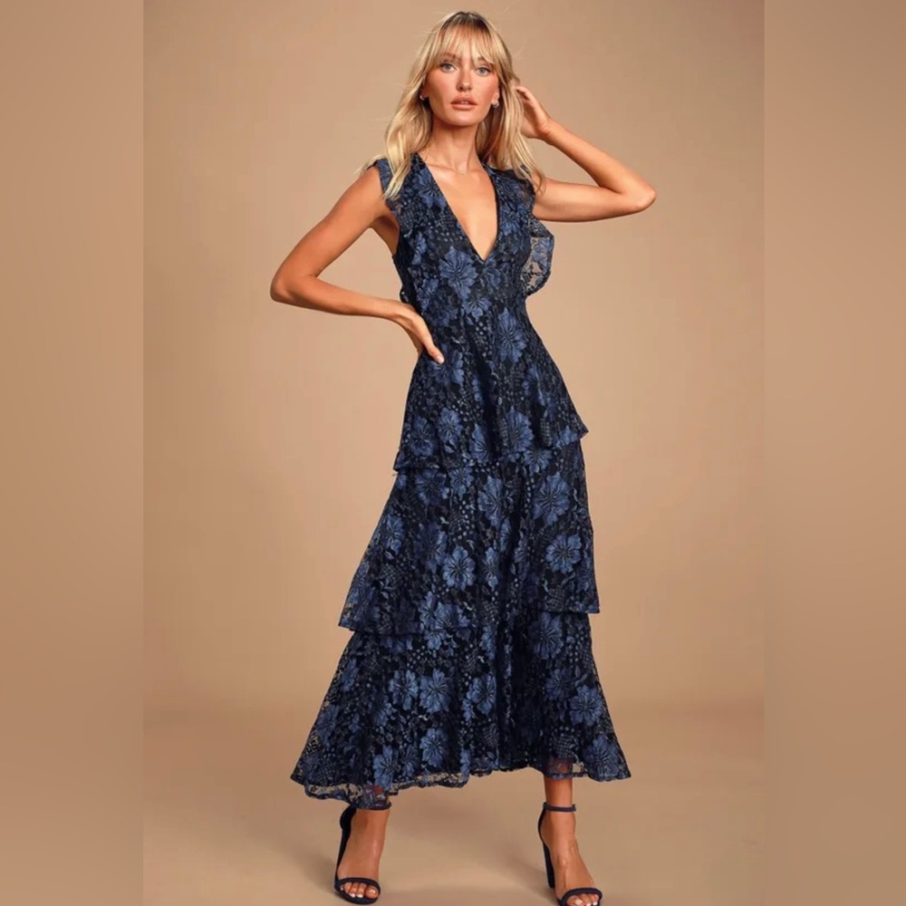 Lulu’s Molinetto Navy Blue Lace Ruffled Tiered Sleeveless Maxi Dress Size XS